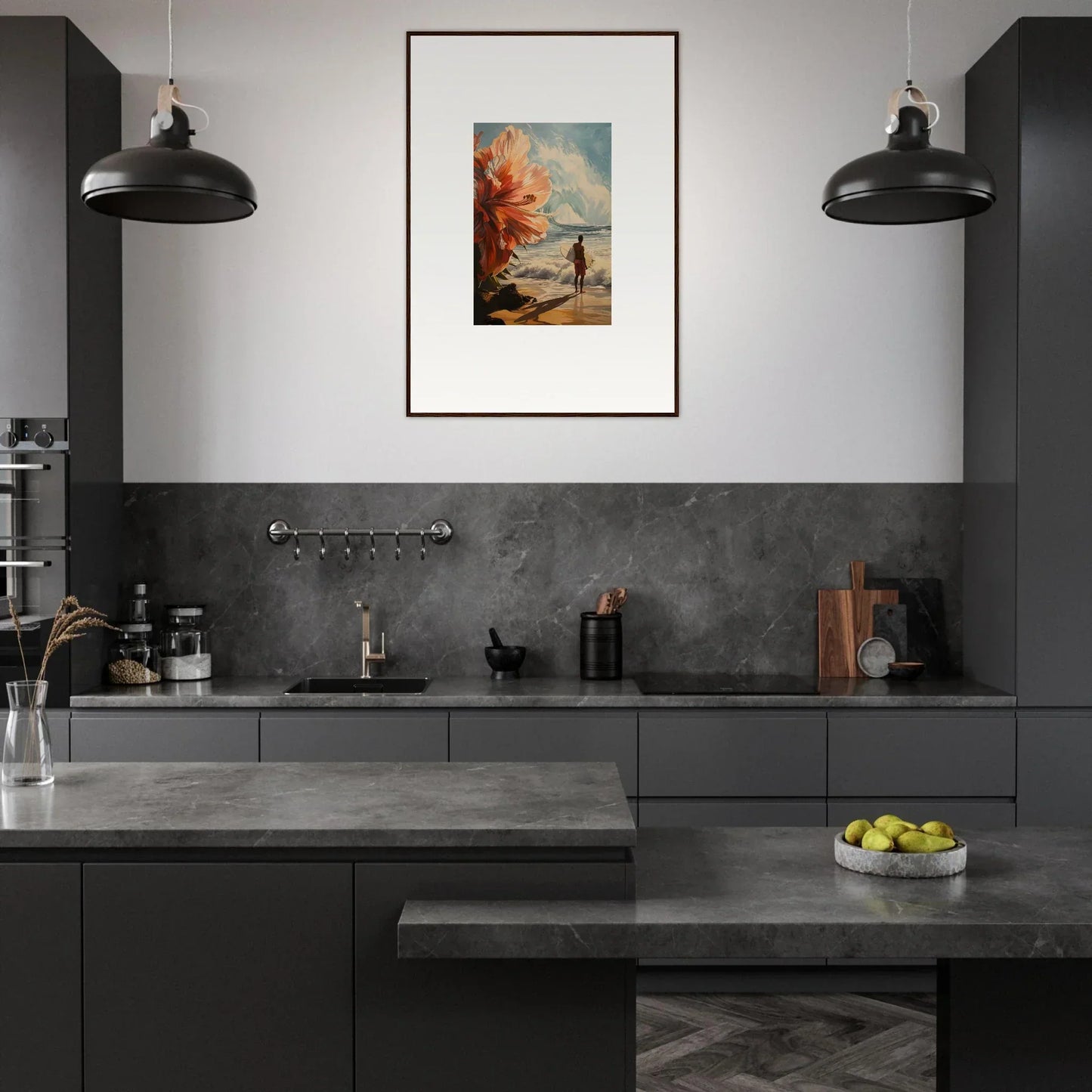 Modern kitchen featuring dark gray cabinetry and Floral Infamy framed wall art