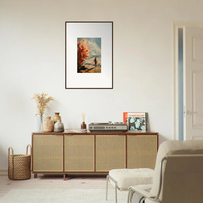 Wooden sideboard with cane-webbed doors, perfect for floral infamy room decor