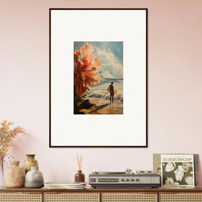 Framed wall art of a beach scene with floral infamy, perfect for room decor