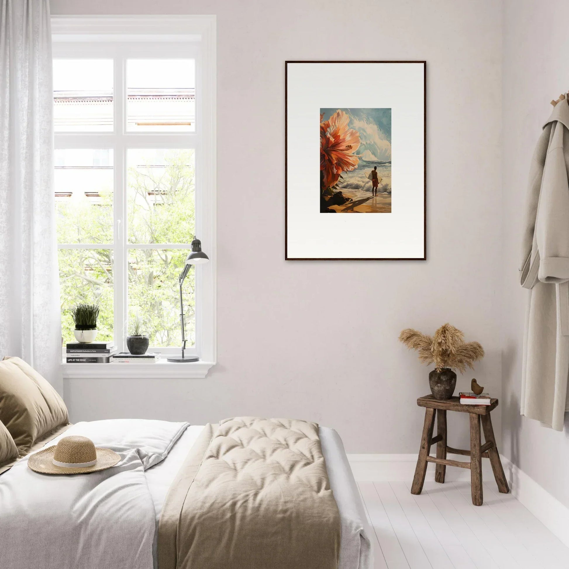 Cozy bedroom with white decor and framed wall art featuring Floral Infamy design