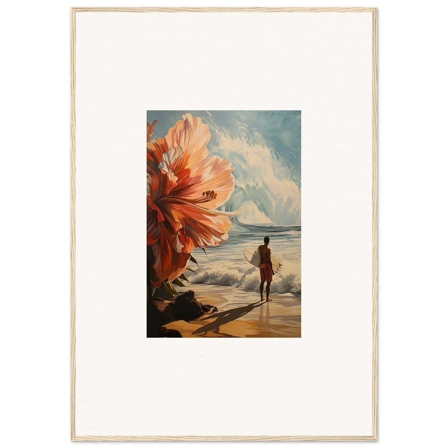 Framed wall art of Floral Infamy with a surreal beach scene and oversized flower