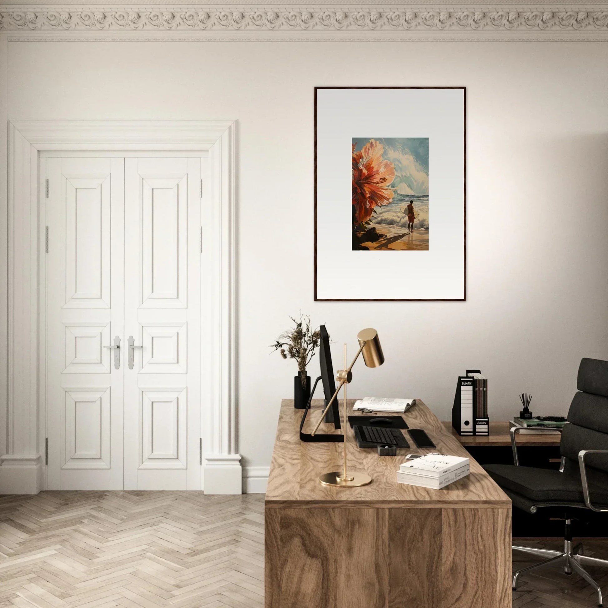 Elegant home office with wooden desk and Floral Infamy framed wall art