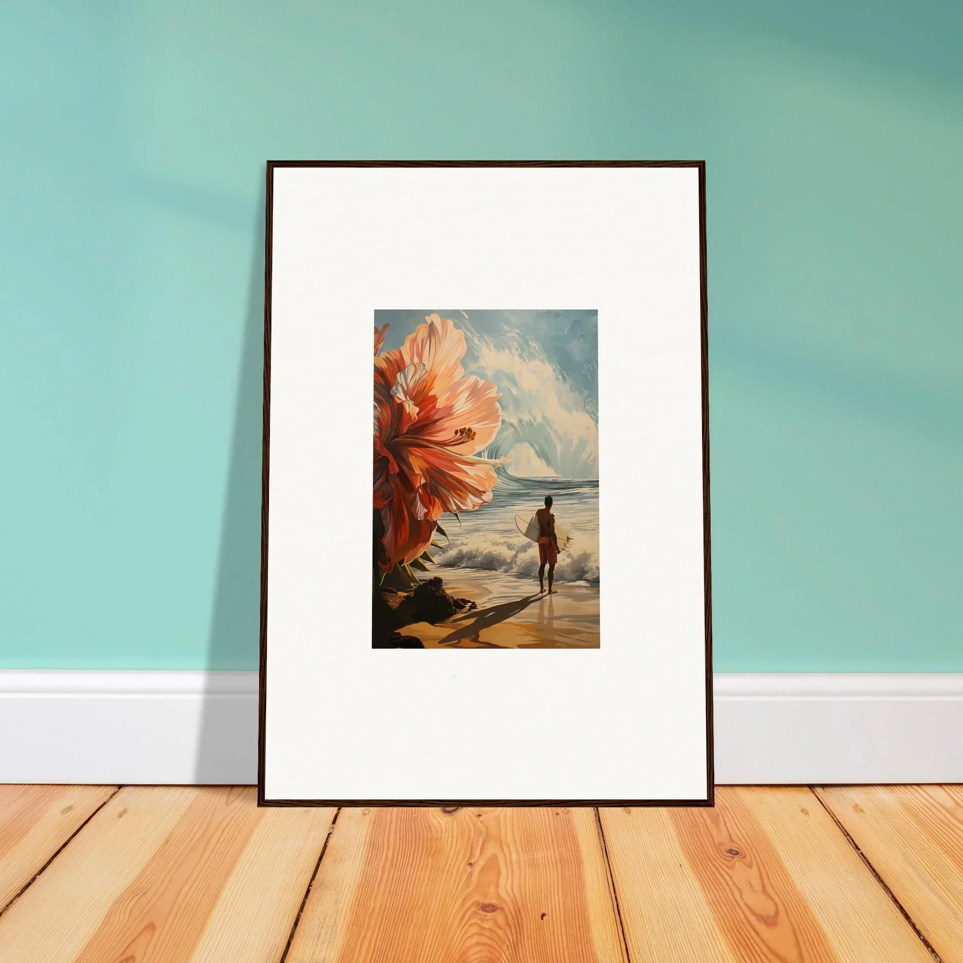 Framed wall art of a beach scene featuring Floral Infamy and vibrant flowers for room decor