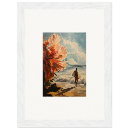 Framed wall art featuring Surfer’s Floral Infamy surreal beach scene for unique room decor