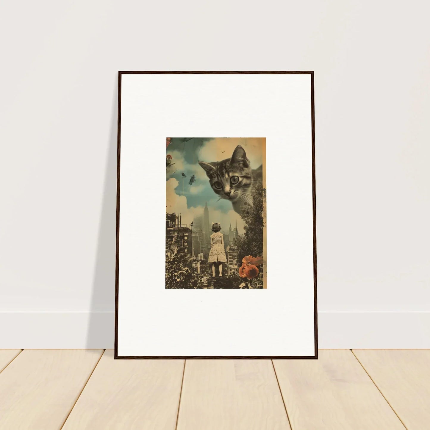 Framed surreal collage wall art with a giant cat and small girl for unique room decoration