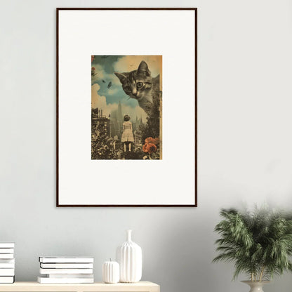 Framed surrealist wall art of a giant cat face over a cityscape with a girl