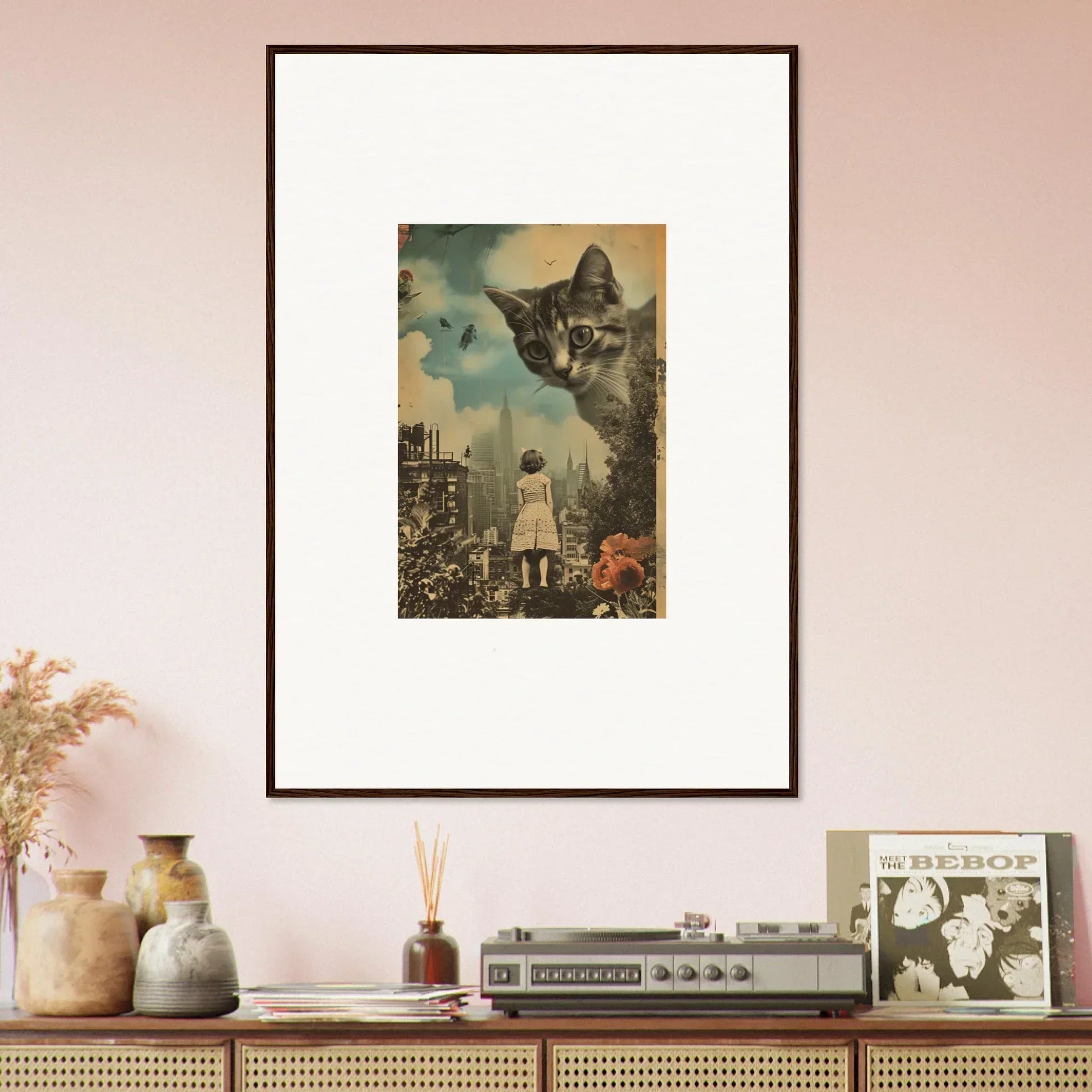 Framed surrealist canvas print of a giant cat watching a city, perfect room decoration