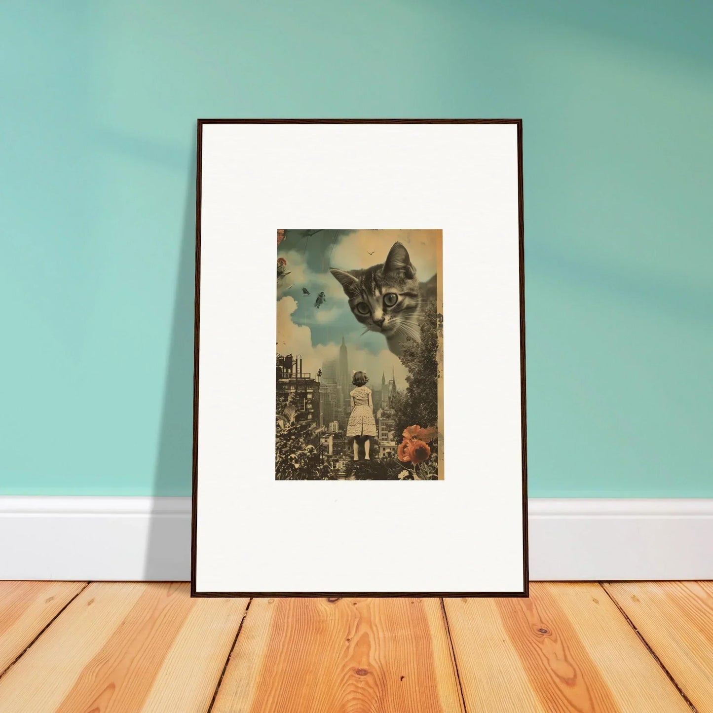 Framed surrealist wall art of a giant cat’s face over a cityscape, perfect for room decoration