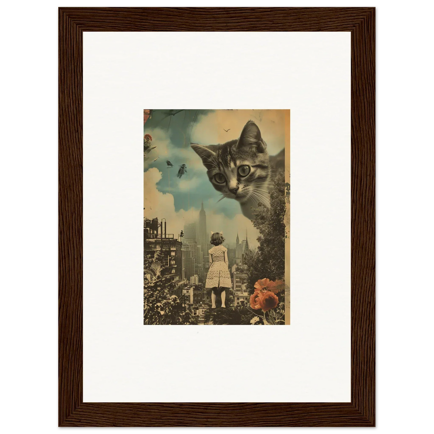 Surreal collage wall art of a giant cat over a city, perfect for room decoration