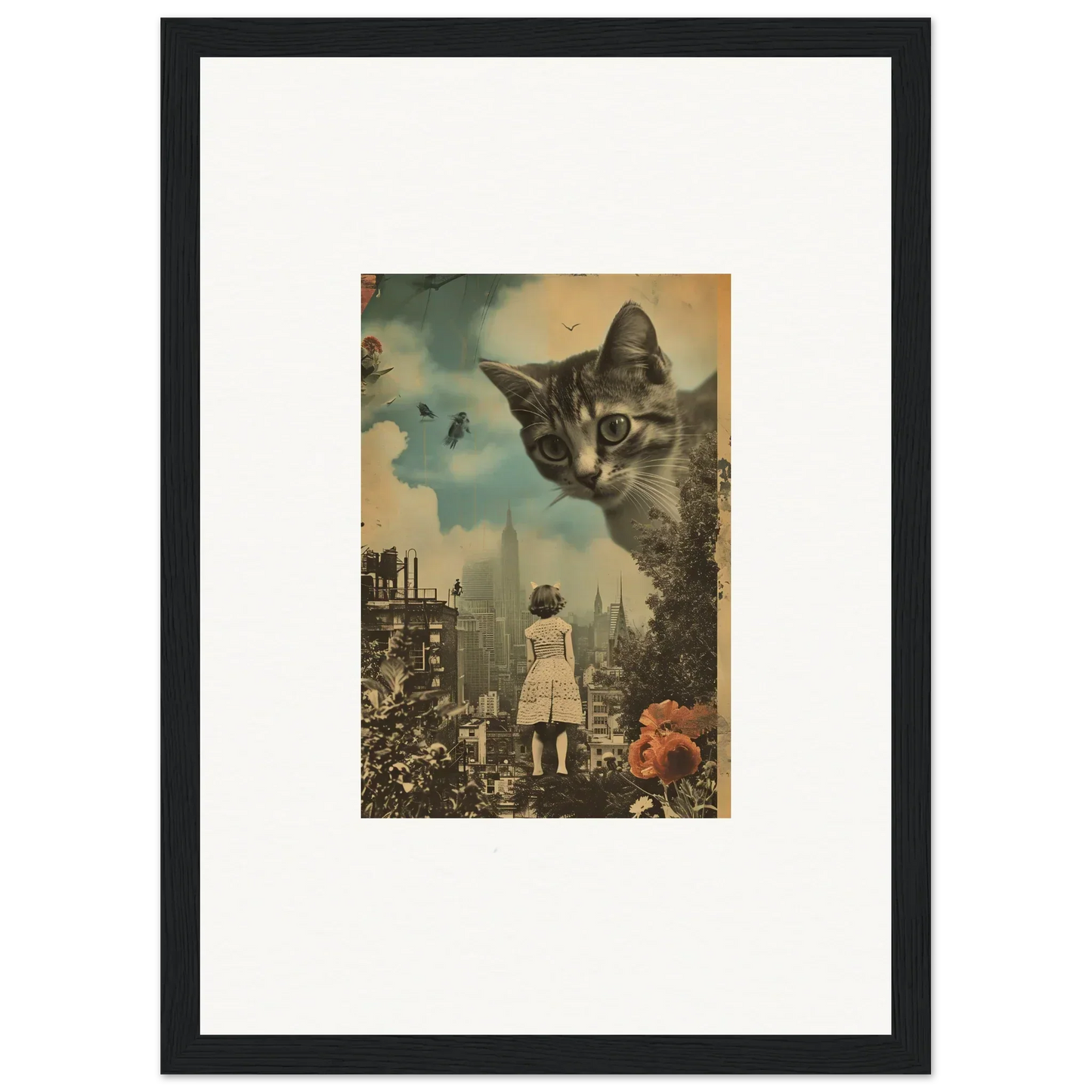 Surreal canvas print of a giant cat over a cityscape, cool wall art for room decoration