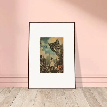 Surreal collage wall art featuring a cat overlooking a cityscape, perfect for room decoration