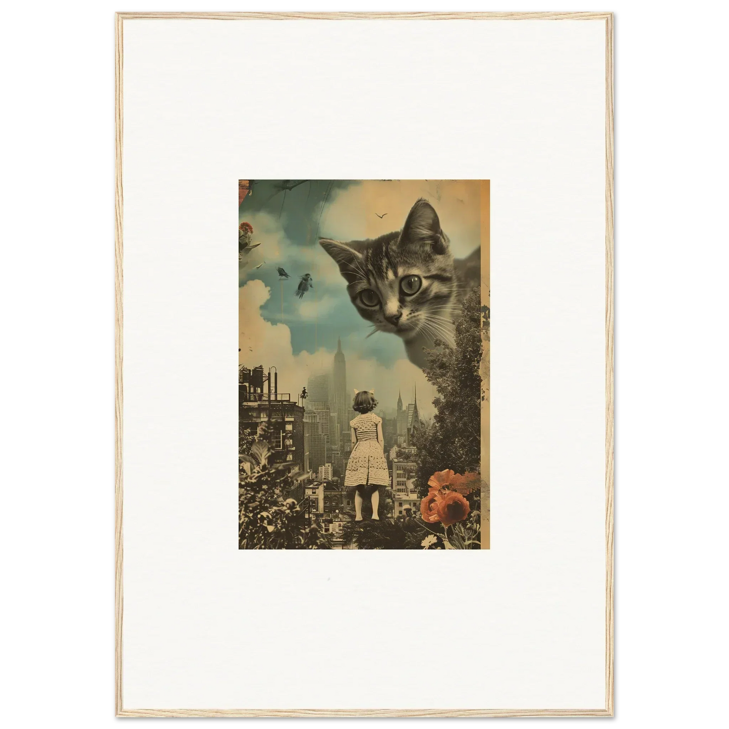 Surreal collage of a giant cat’s face over a city, perfect for wall art or canvas print