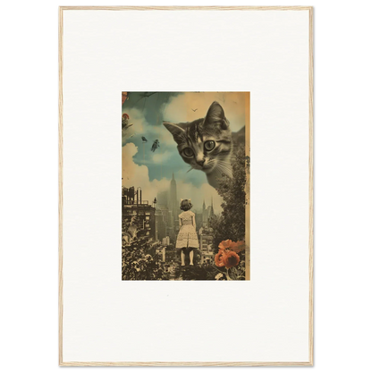 Surreal collage of a giant cat’s face over a city, perfect for wall art or canvas print