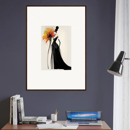 Elegant fashion illustration of a black gown with sunflower, part of Surreal Feline Radiance