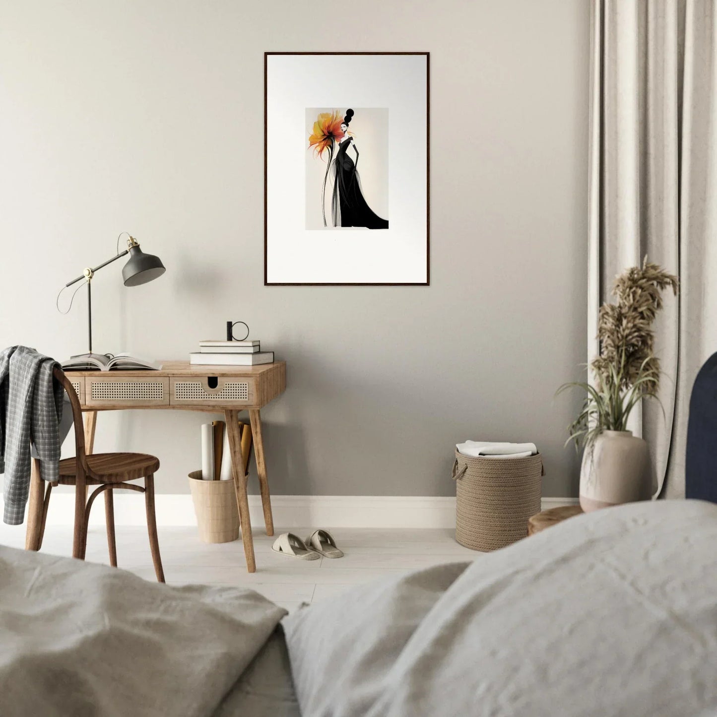 Minimalist bedroom workspace with wooden desk, task lamp, and Surreal Feline Radiance art