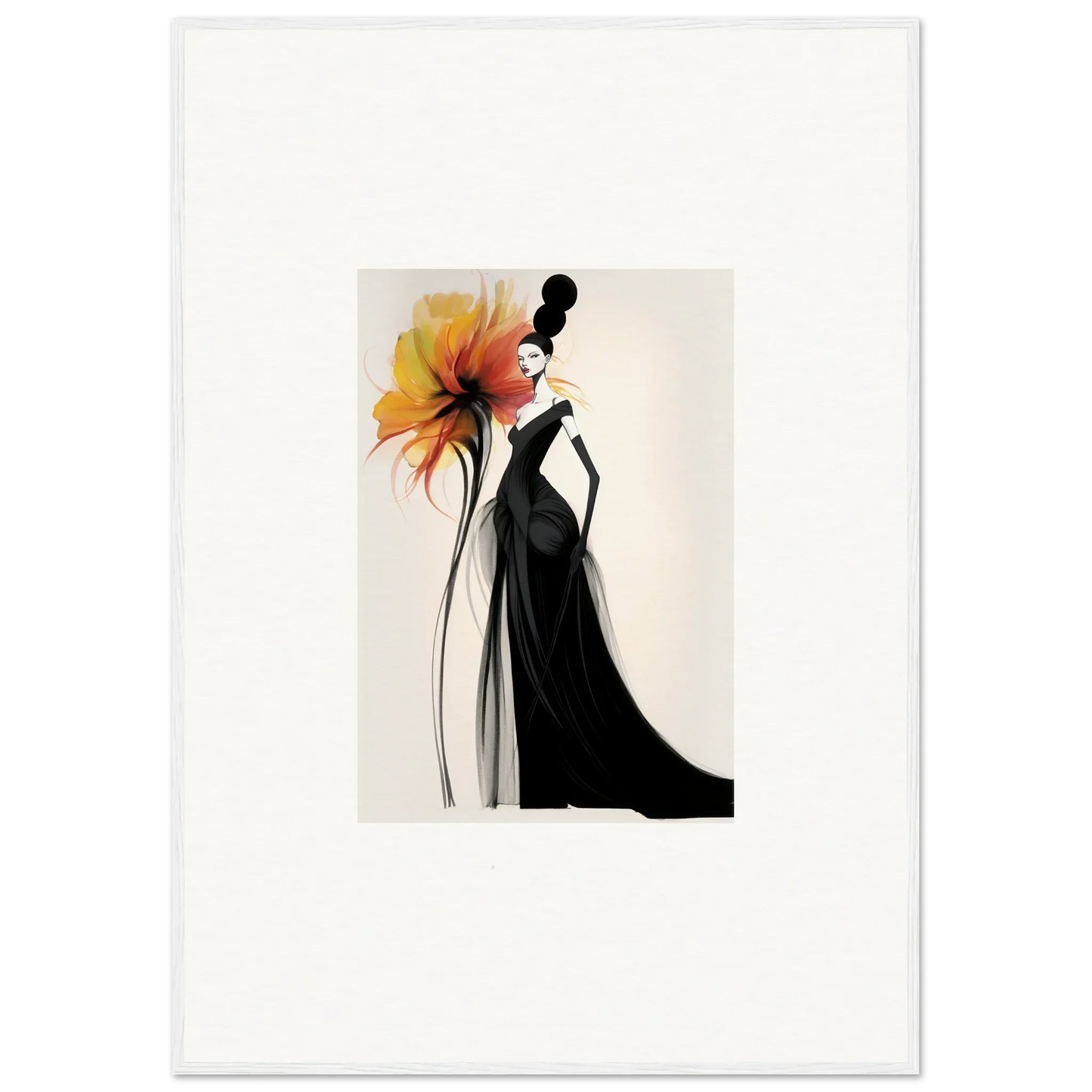 Elegant fashion illustration of a black gown with orange flowers for Surreal Feline Radiance framed wall art