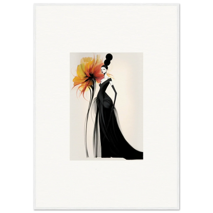 Elegant fashion illustration of a black gown with orange flowers for Surreal Feline Radiance framed wall art