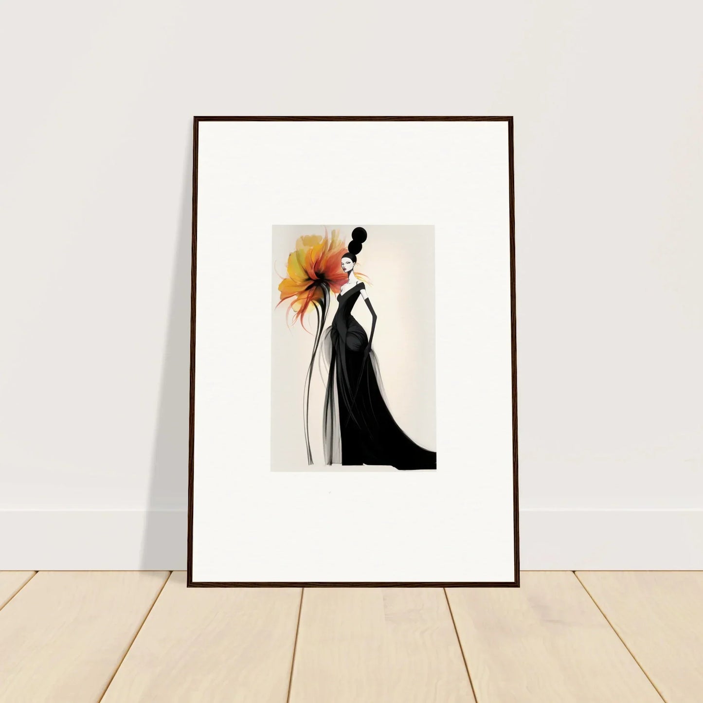 Framed wall art of elegant silhouette in black dress with orange flower, Surreal Feline Radiance