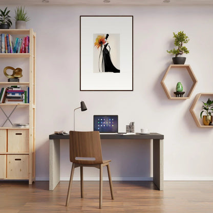 Simple home office with a dark desk, wooden chair, and Surreal Feline Radiance art