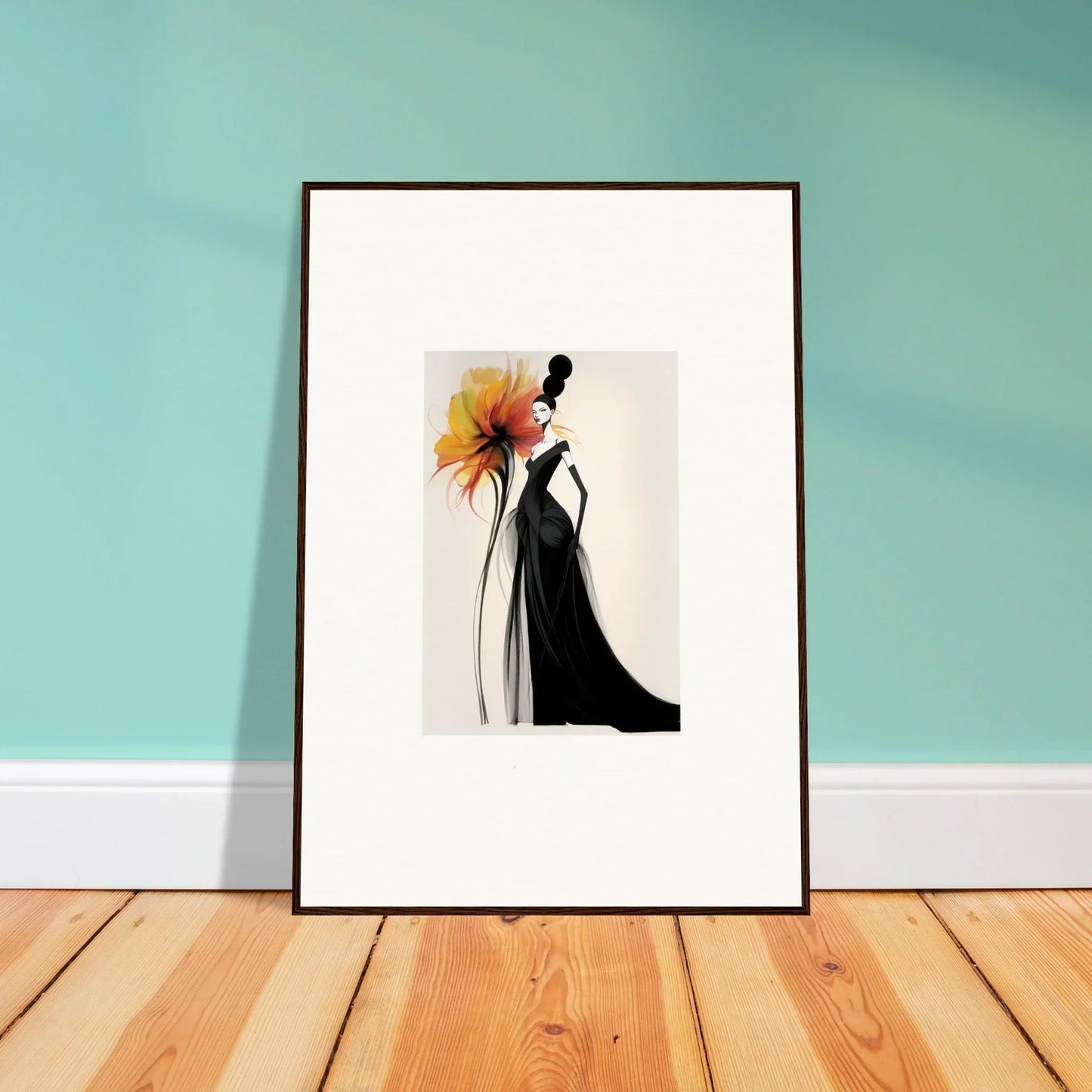 Framed wall art of a black dress silhouette with sunflower from Surreal Feline Radiance