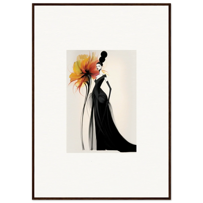 Elegant fashion illustration of a black gown with an orange flower for Surreal Feline Radiance