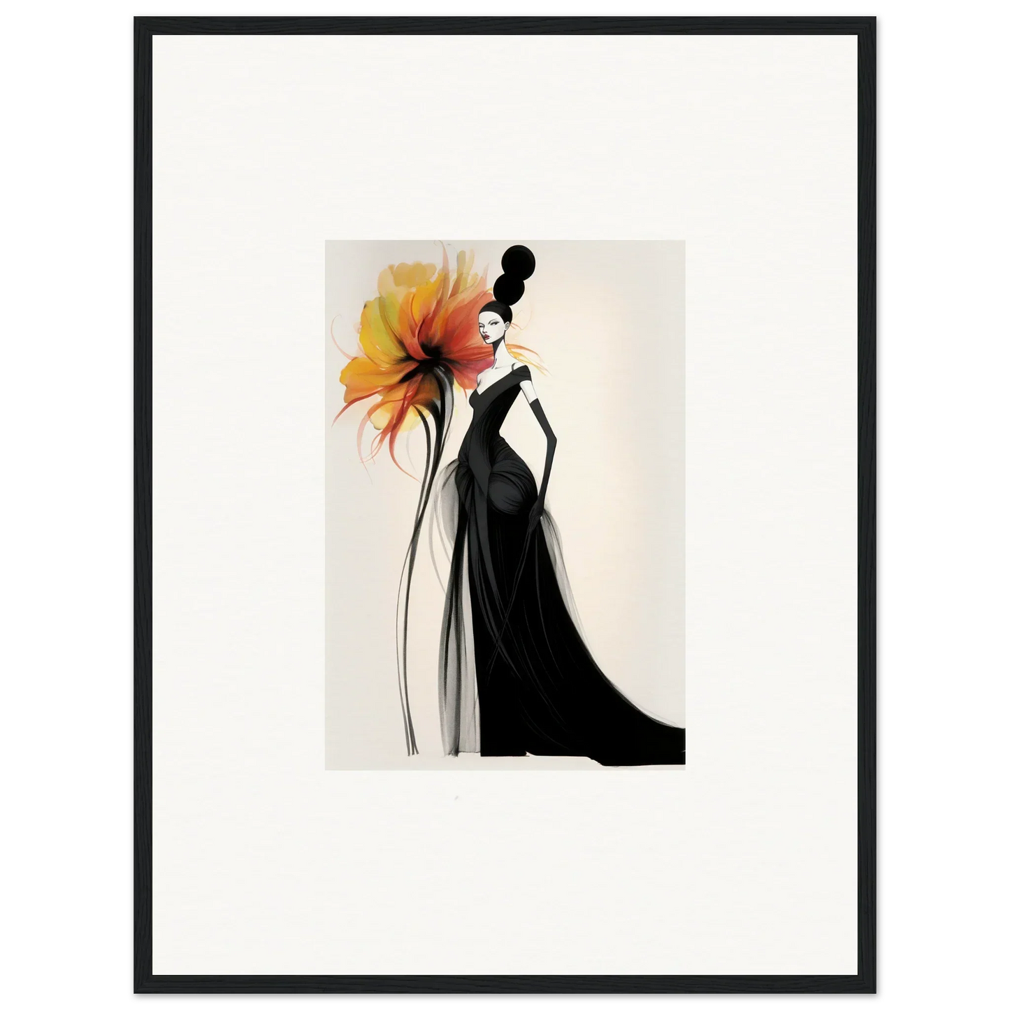 Elegant fashion illustration of a black gown with orange flower for Surreal Feline Radiance