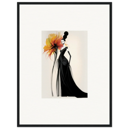 Elegant fashion illustration of a black gown with orange flower for Surreal Feline Radiance