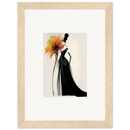 Elegant fashion illustration of a black evening gown with orange flower for Surreal Feline Radiance framed wall art