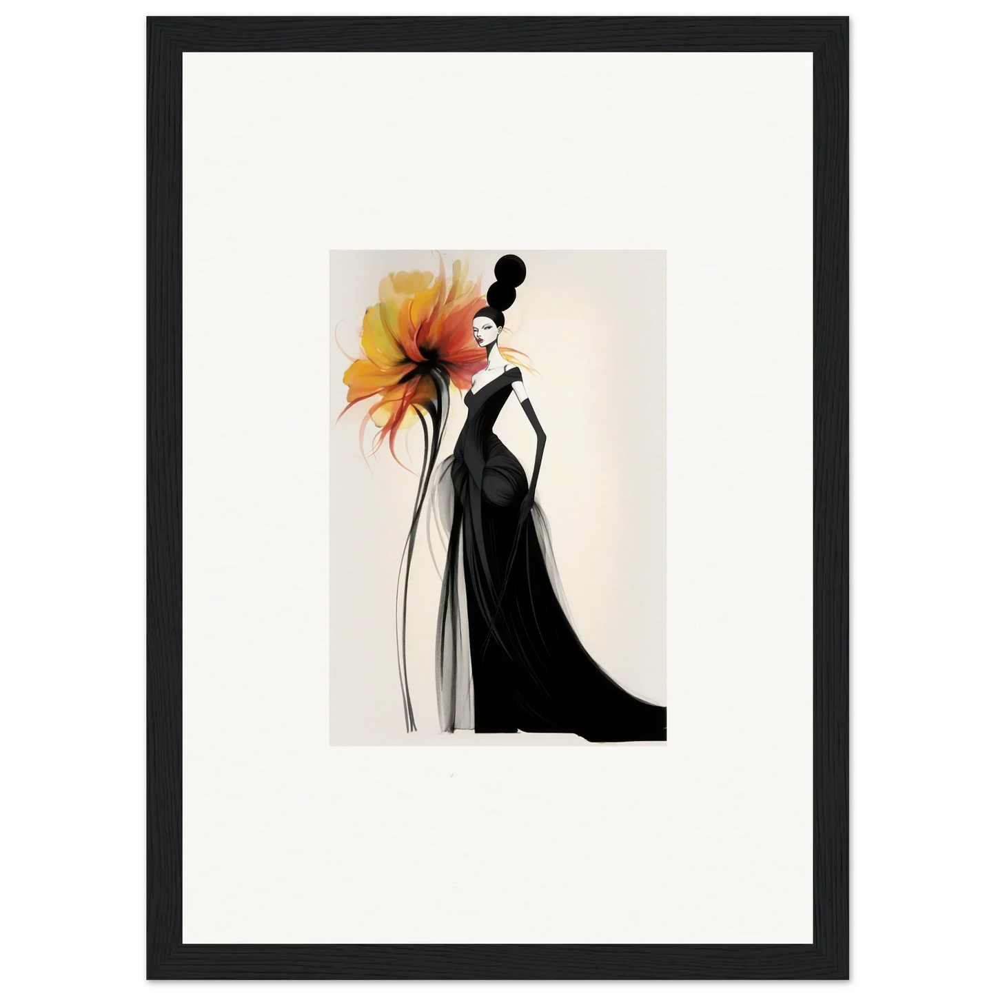 Elegant fashion illustration of a black gown with orange flower in Surreal Feline Radiance