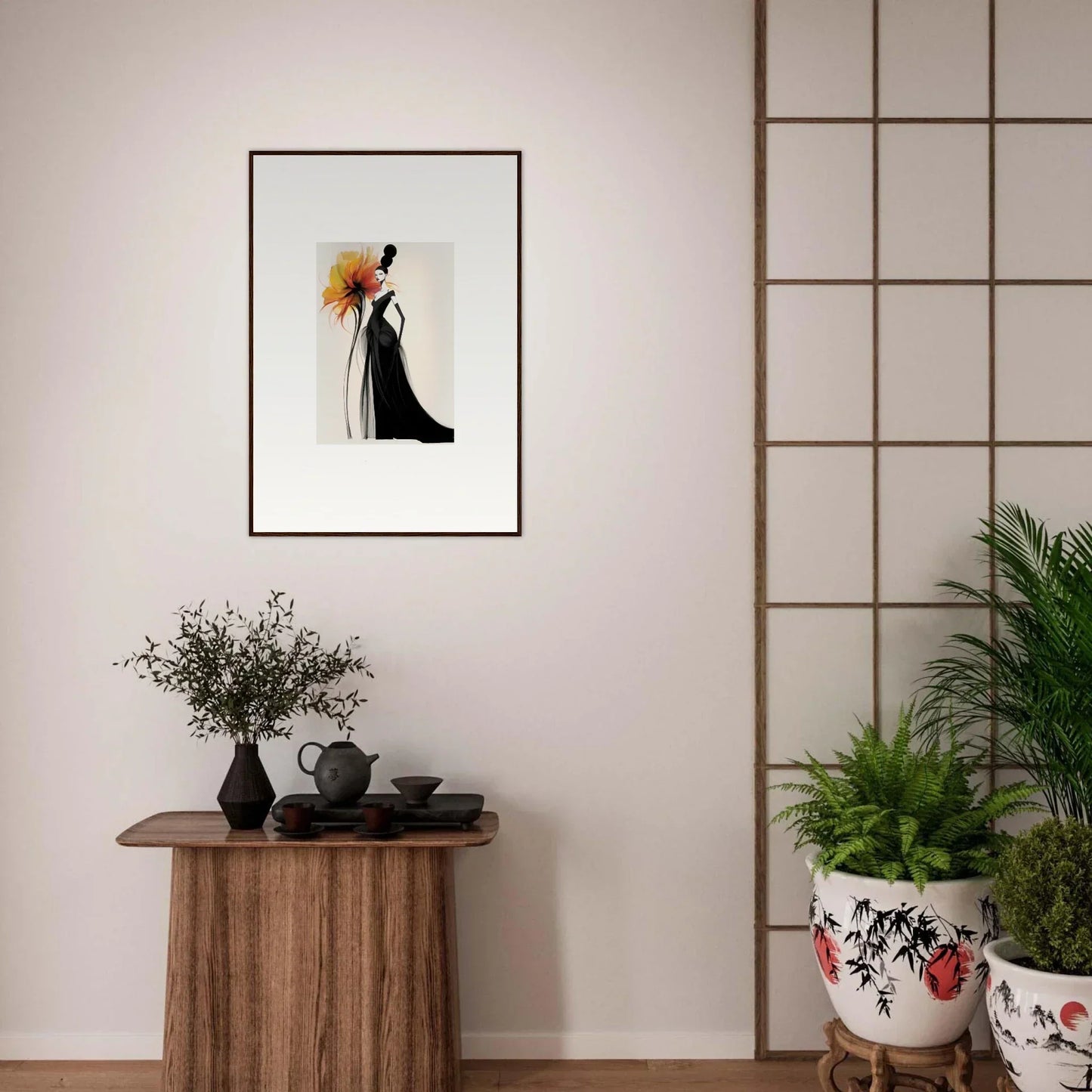 Framed wall art of an elegant figure in a black dress from Surreal Feline Radiance