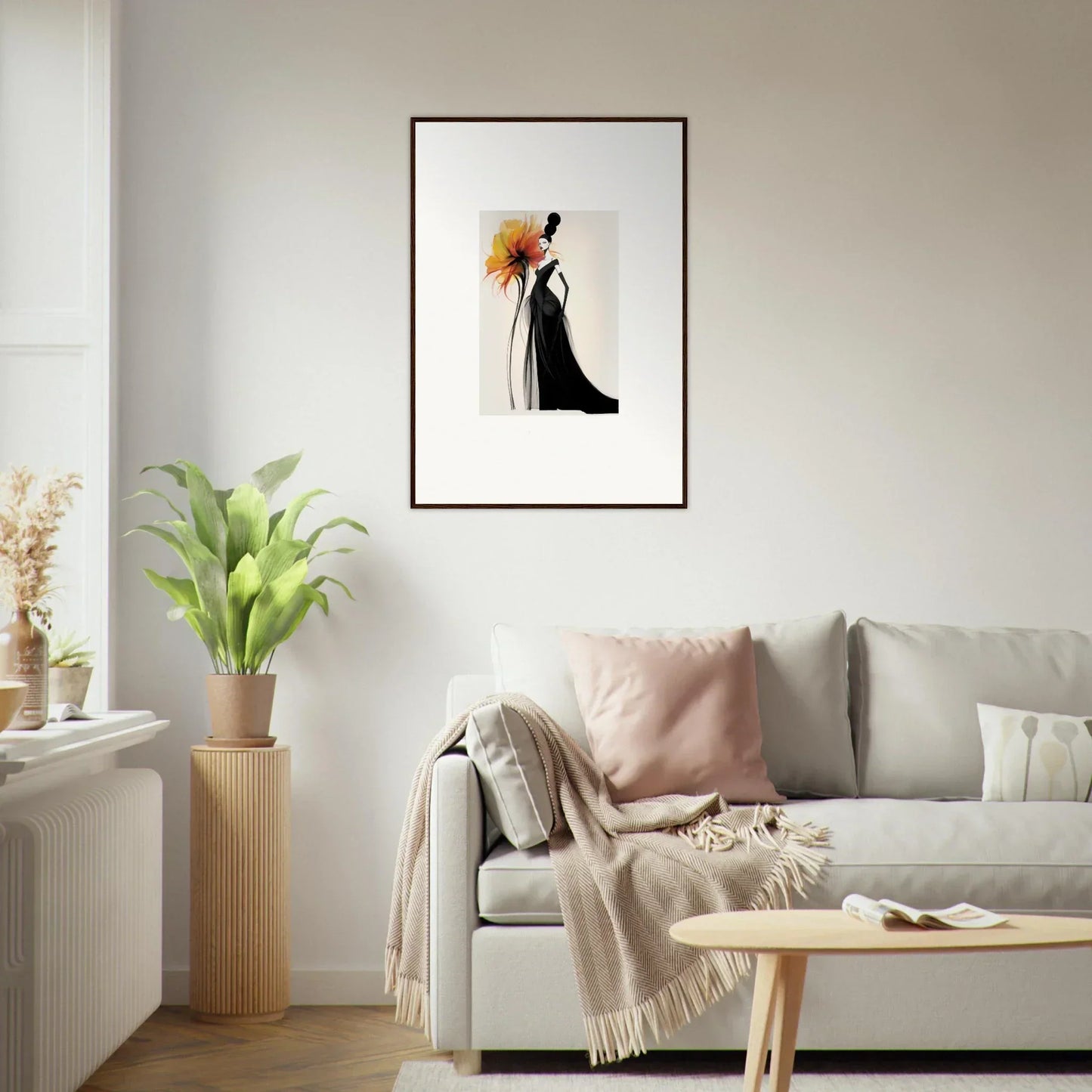 Framed wall art of Surreal Feline Radiance with elegant black and white figure and splash of orange