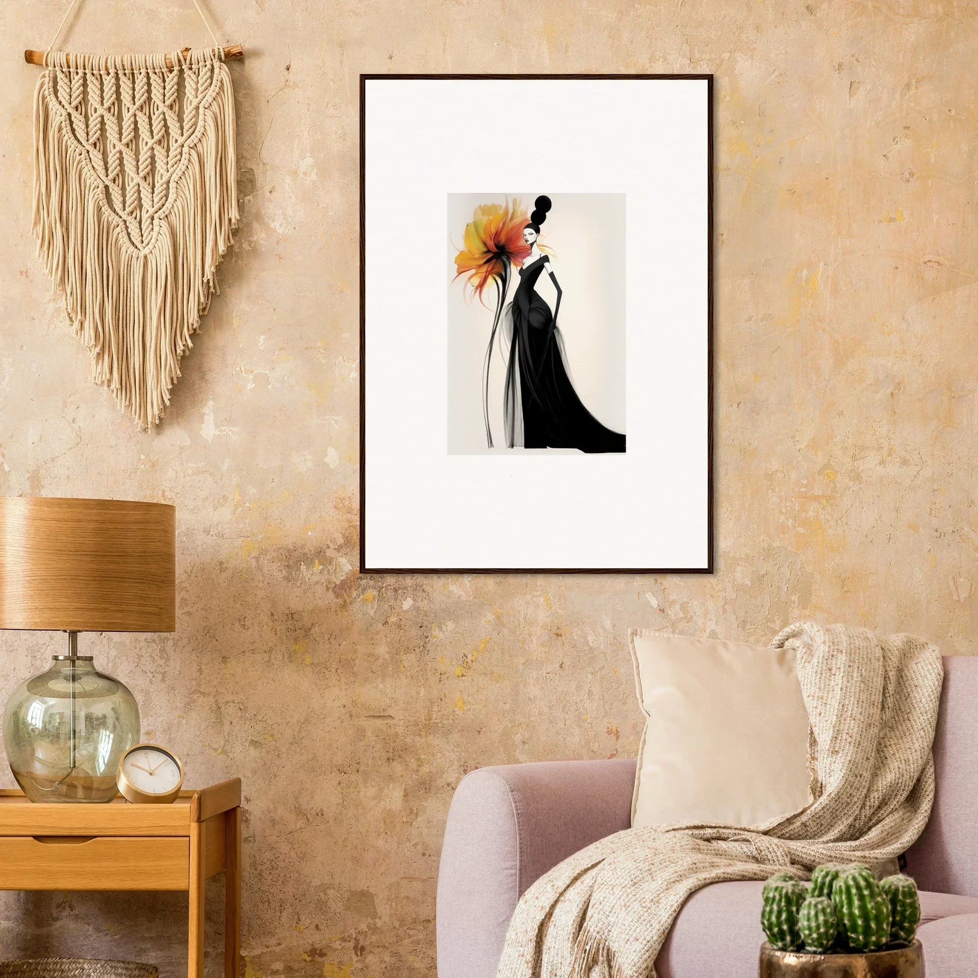 Framed wall art showcasing a sleek silhouette in a black dress with an orange flower, Surreal Feline Radiance