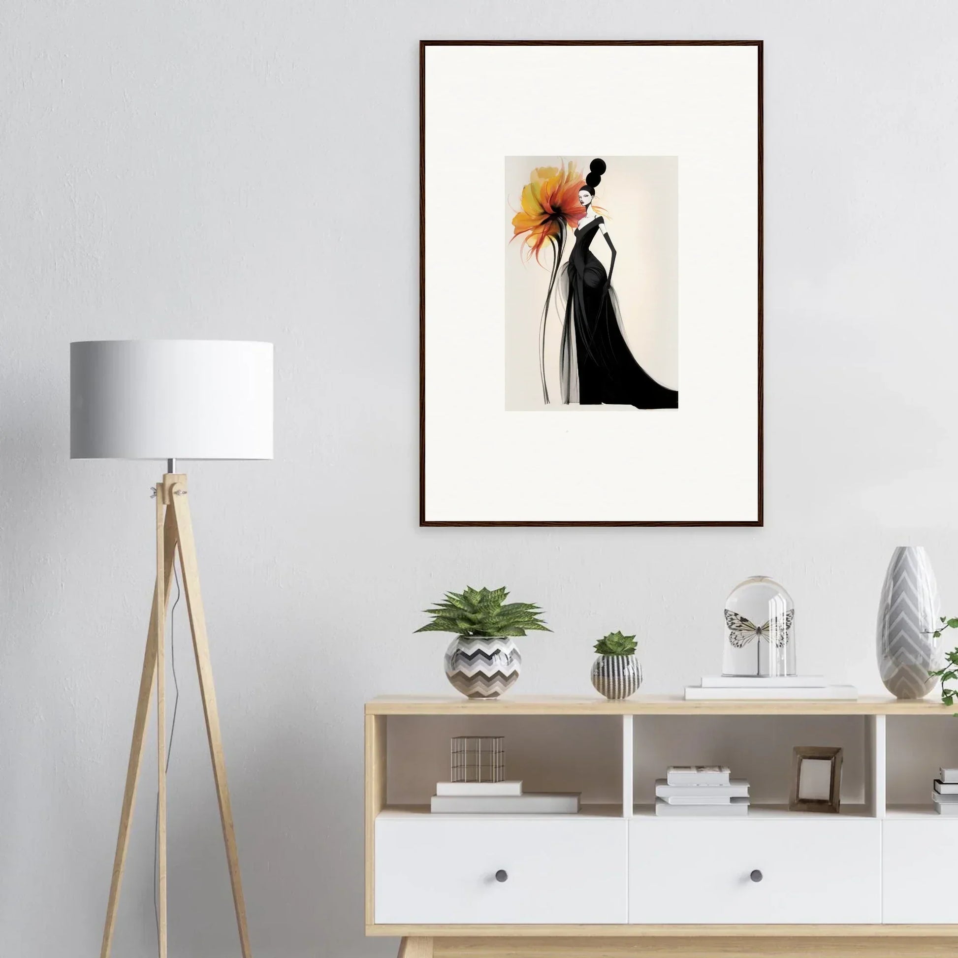 Elegant black silhouette with an orange flower in Surreal Feline Radiance framed wall art