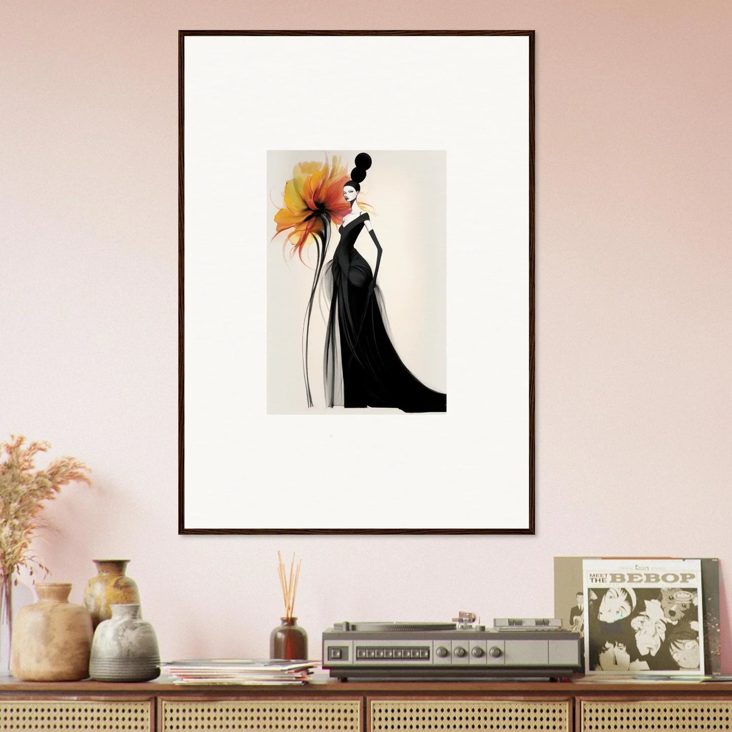 Framed wall art of a black evening gown silhouette with an orange flower for Surreal Feline Radiance