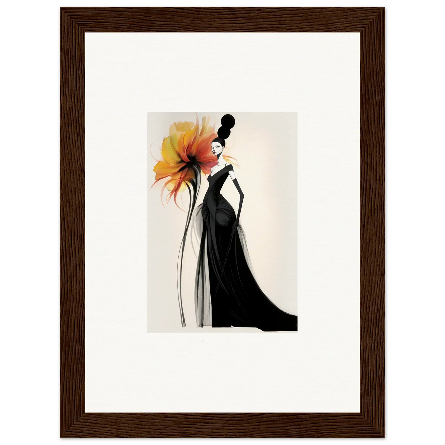 Elegant fashion illustration of a black gown with orange flower for Surreal Feline Radiance