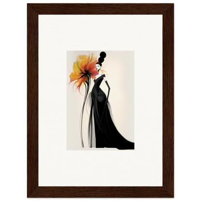 Elegant fashion illustration of a black gown with orange flower for Surreal Feline Radiance