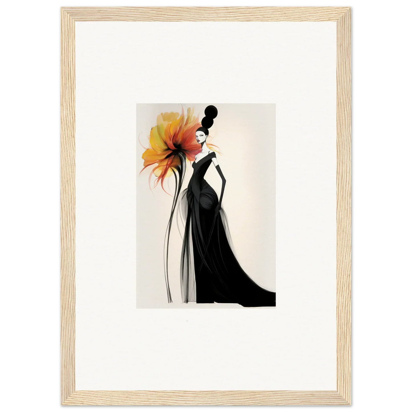 Elegant fashion illustration of a black dress with orange flower for Surreal Feline Radiance