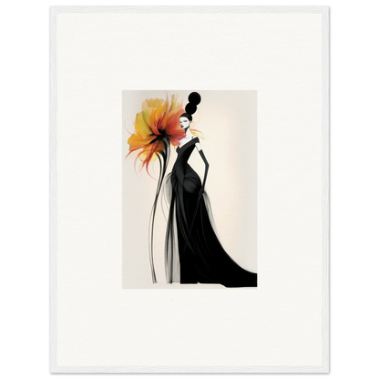 Elegant fashion illustration of black evening gown with orange flower in Surreal Feline Radiance