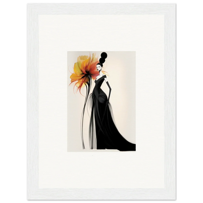 Elegant fashion illustration of black gown and orange flower for Surreal Feline Radiance