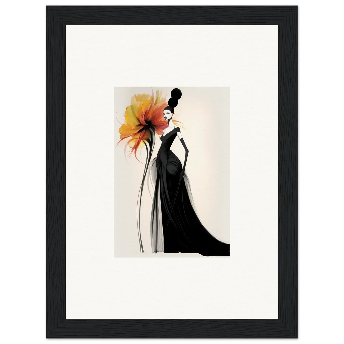 Elegant fashion illustration of a figure in a black gown for Surreal Feline Radiance