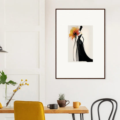 Framed wall art of an elegant figure in a black dress with orange flower for Surreal Feline Radiance