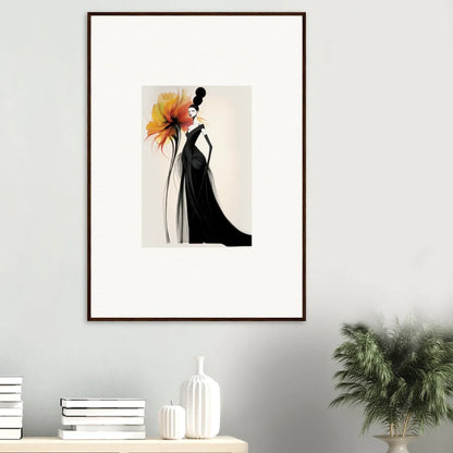 Framed wall art of a silhouette in a black dress with a sunflower for Surreal Feline Radiance