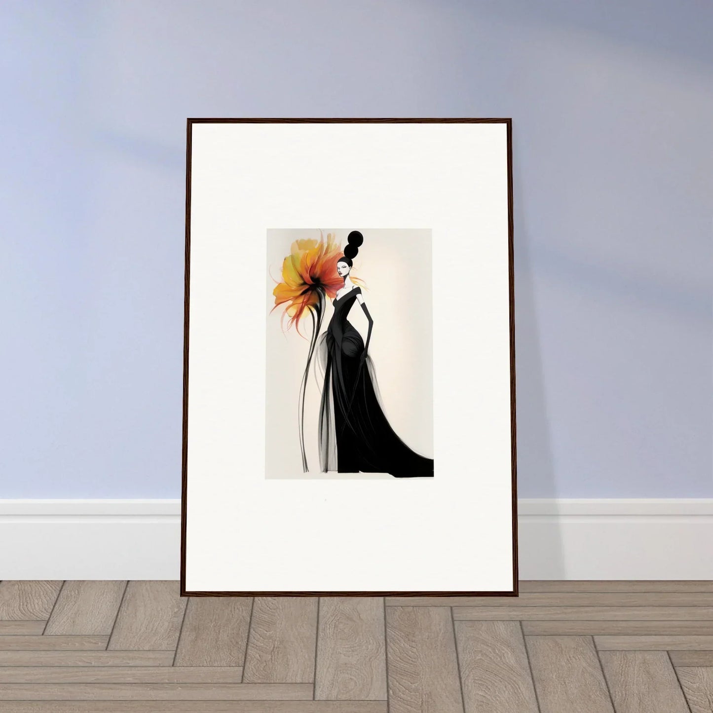 Framed wall art of a stylish silhouette in a black dress with orange flower, Surreal Feline Radiance