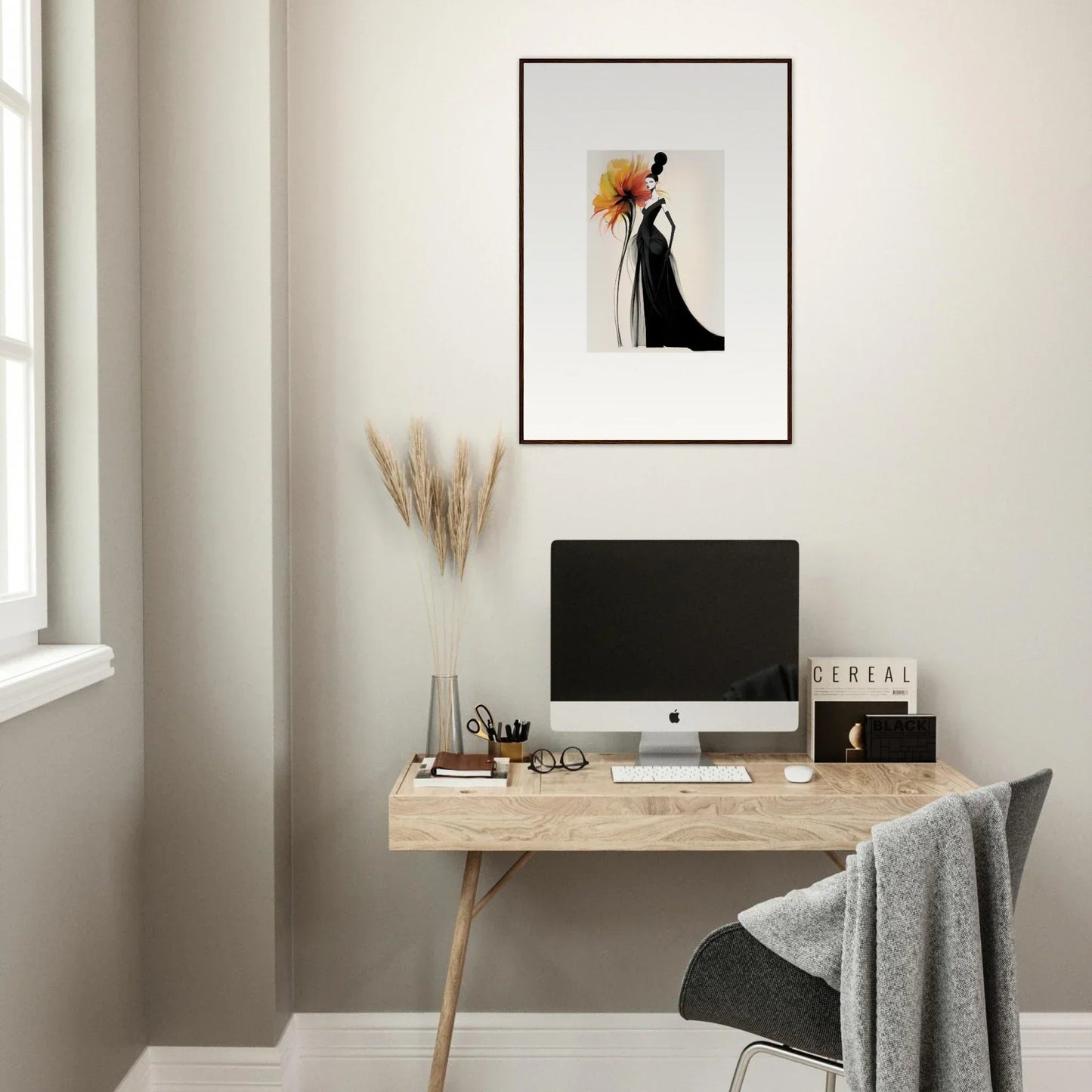 Minimalist wooden desk with iMac and decor featuring Surreal Feline Radiance art