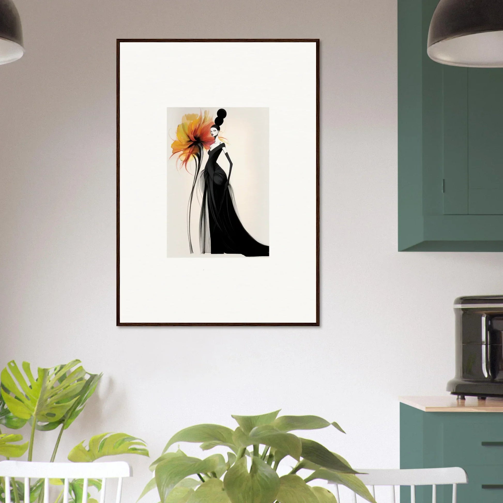 Framed wall art of an elegant black gown with yellow flower in Surreal Feline Radiance