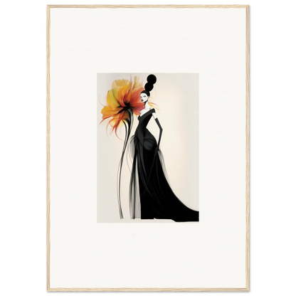 Elegant fashion illustration with black gown and orange flower for Surreal Feline Radiance