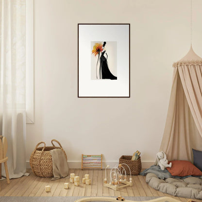 Framed wall art of a figure in black dress with orange splash in Surreal Feline Radiance