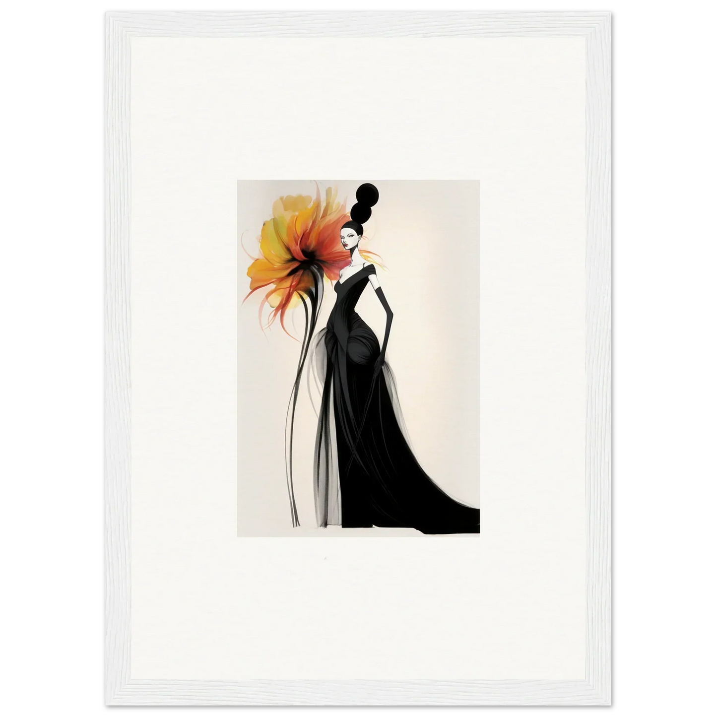 Elegant fashion illustration of a black dress with flower, part of Surreal Feline Radiance