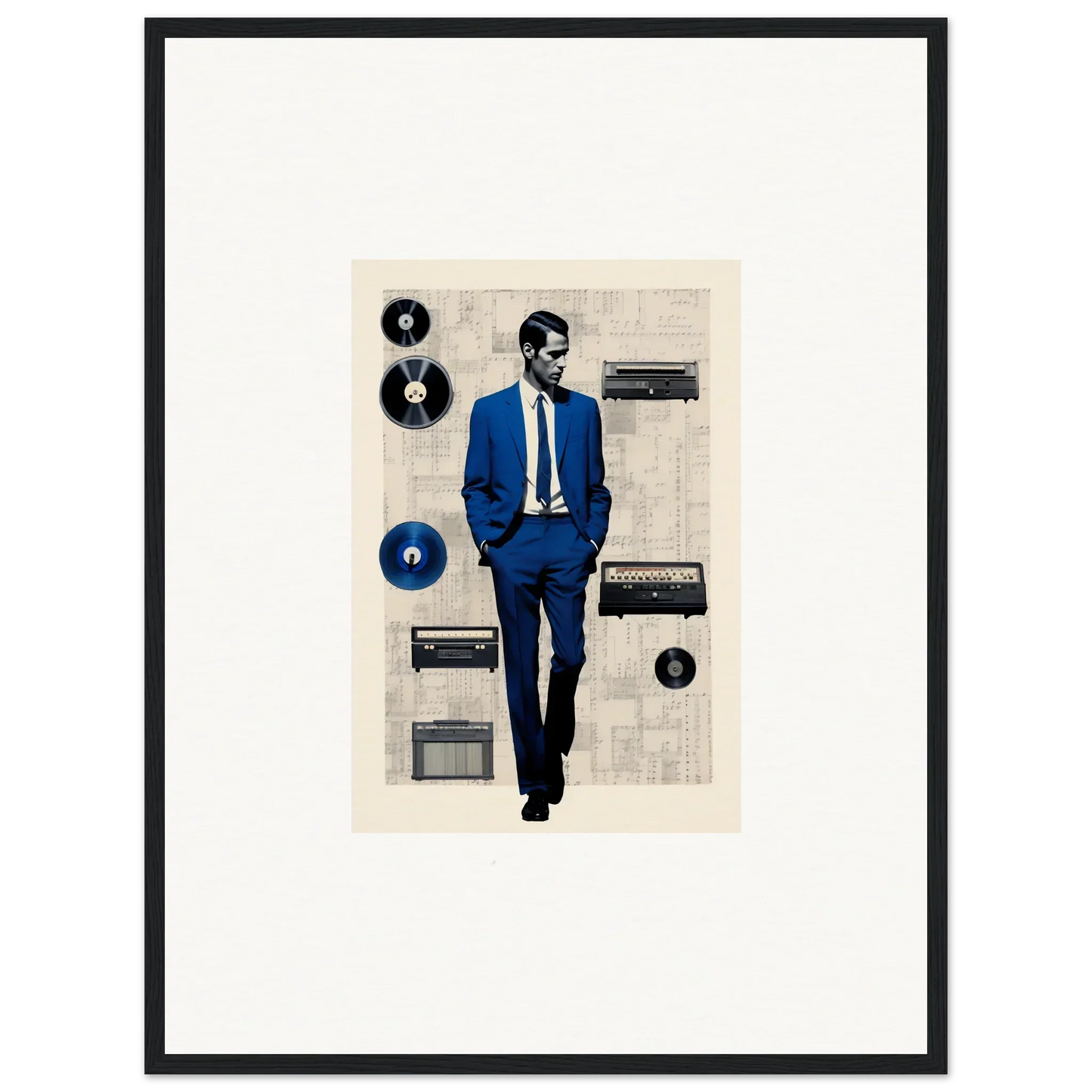 A figure in a blue suit walks with vintage audio gear in Surreal Greeting Reverieonaut