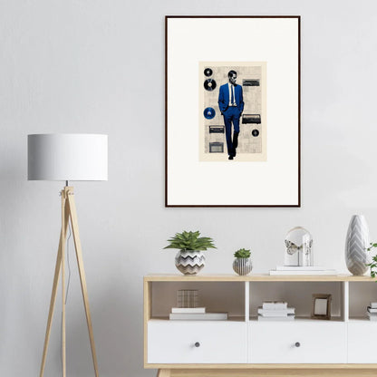 Framed fashion illustration of suited figure in blue for Surreal Greeting Reverieonaut